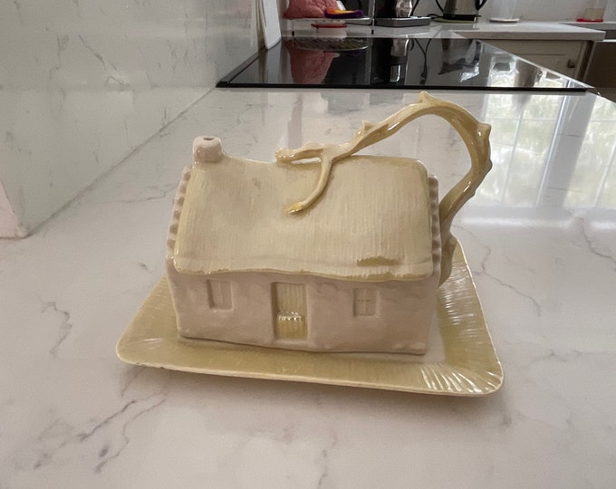 Vintage Belleek Porcelain, Two Piece Covered Cottage Butter Dish, Green