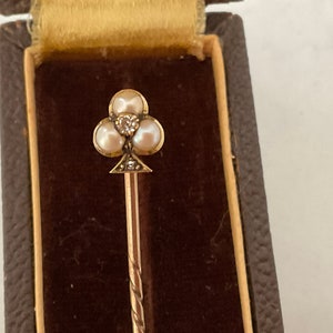 Antique 14K Gold Clover Lapel Pin with Pearls and Diamond