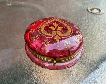 Vintage Cranberry Glass Vanity Jar With Raised Gold Heart Design, Vintage Cranberry Trinket Box.