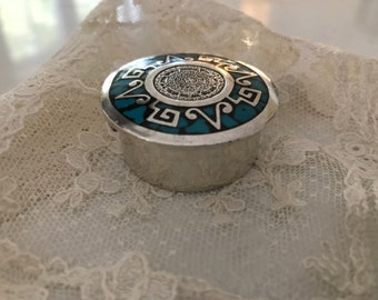 Mexican  925 Signed Pillbox, Aztec Calendar Pillbox, Mayan Calendar,  Sterling Pill Box with Turquoise Design, FREE DELIVERY.