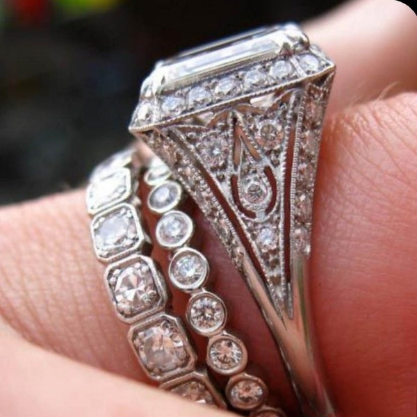 Antique 3.15Ct Asscher Cut Lab Created Diamond Engagement Wedding Ring Trio Set 925 Sterling Silver, Antique Engagement Ring, Art Deco Ring