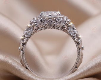 Vintage Moissanite Engagement Ring, Round Cut Diamond Antique Flower Band, Leaf Design Wedding Jewelry For Women
