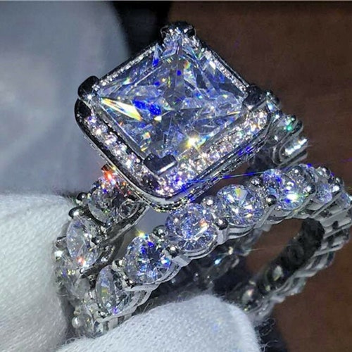 3.75Carat Princess & Round Cut White Diamond Bridal Set Halo Engagement Wedding shops Ring/ wedding sets for women/ marriage rings for her