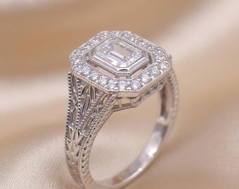 Emerald Cut Moissanite Diamond Halo Engagement Ring Vintage Art Deco 925 Silver Bezel Set Anniversary Ring Design