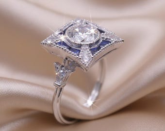 Vintage Moissanite Diamond Sapphire Engagement Ring in Solid Silver | Art Deco Old European Cut Bezel Set Antique Style