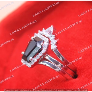 3ctw Coffin Cut Black Onyx Simulated Diamond Halo Engagement Wedding Trio Sets Ring 925 Sterling Silver, Anniversary Ring, Coffin Ring Sets