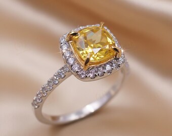 Canary Yellow Cushion Cut Halo Engagement Ring, Two Tone Moissanite Diamond Vintage Style Jewelry