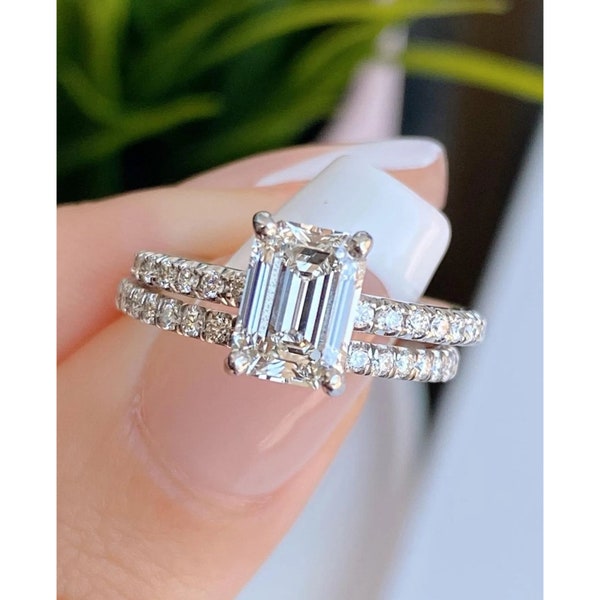 2.45 Carat Emerald & Round Cut Lab Created Diamond Engagement Wedding Bridal Set Ring In 935 Argentium Silver,Bridal Ring Sets,Ring For Her