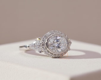1930s Vintage 3.50 Ct Oval Cut Moissanite Diamond Ring | Art Deco Halo Engagement Ring | Antique Three Stone Bezel Set Ring for Women