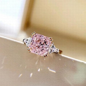 Drie stenen stralende roze saffier verlovingsring | 3 stenen art-deco jubileumcadeauring | vrouwenhuwelijk | 4,15 kt stralende diamanten ring