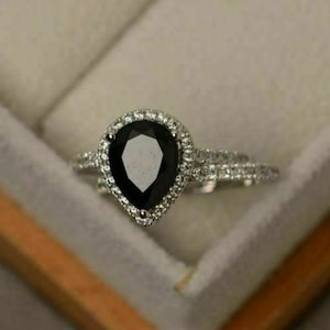 2.89Carat Pear Cut Black Diamond Bridal Sets Halo Engagement Wedding Gorgeous Ring/ Wedding Bridal Set/ Black Diamond Anniversary Rings