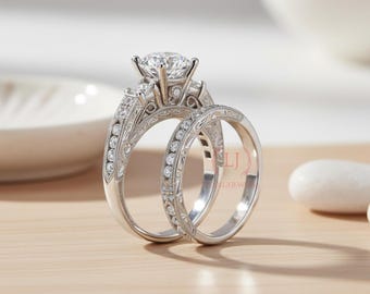 Three Stone Ct Round Cut Moissanite Diamond Engagement Bridal