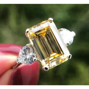3.45 Ct Canary Yellow Emerald & White Heart Cut Diamond Three-Stone Setting Engagement Wedding Rings, Prong Sets Rings, Anniversary Rings