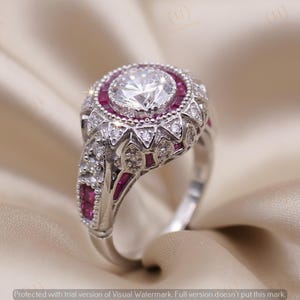 Vintage 2.00 Ct Round Cut Moissanite Diamond Ring | Art Deco Bezel Set Red Ruby Statement Ring | Antique Cocktail Sterling Silver Ring
