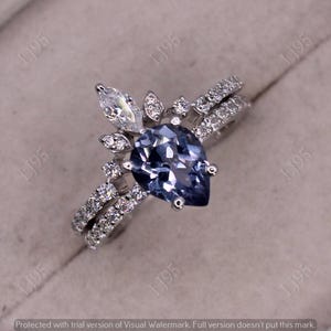 3.45Ct Pear Cut Color-Changing Alexandrite Wedding Bridal Ring Set | Perfect June Birthstone Gift | Alexandrite Engagement Rings for Women