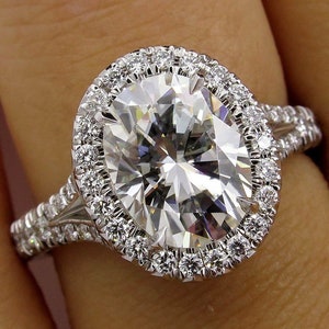 3Ct Oval Brilliant Cut White Diamond Split Shank Halo Engagement Rings,Single Halo Weddings Rings, Prong Sets Anniversary Rings,Promise Ring