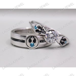 Star Wars Ring, Star Wars Rebel Alliance Inspired Matching Wedding Band Ring Sets, Star Wars Jewelry, Geek Engagement Ring,Half Bezel Sets