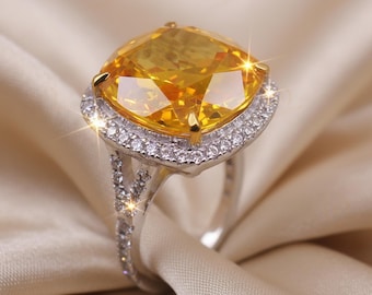 Canary Yellow Cushion Cut Halo Ring in Silver with Moissanite Accents | Split Shank Engagement Ring