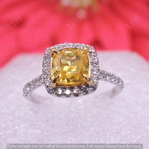 Fancy Canary Yellow Vintage Diamond Ring | 3.80 Ct Cushion Cut Halo Engagement Ring | Two Tone Claw Prong Set | Anniversary Gift for Her