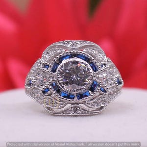 Vintage Art Deco Edwardian 2.00 Ct Round Cut Moissanite Diamond Engagement Ring for Women | Bezel Set Sapphire Antique Wedding Ring | Gifts