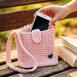 Cell phone bag with shoulder strap crocheted from cotton in many modern colors / stylish cell phone bag, smartphone bag to hang around neck