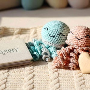 Crocheted cotton octopus, cute baby gift, unique baby gifts, cuddly toy with rattle, gift from godmother crocheted angel image 6
