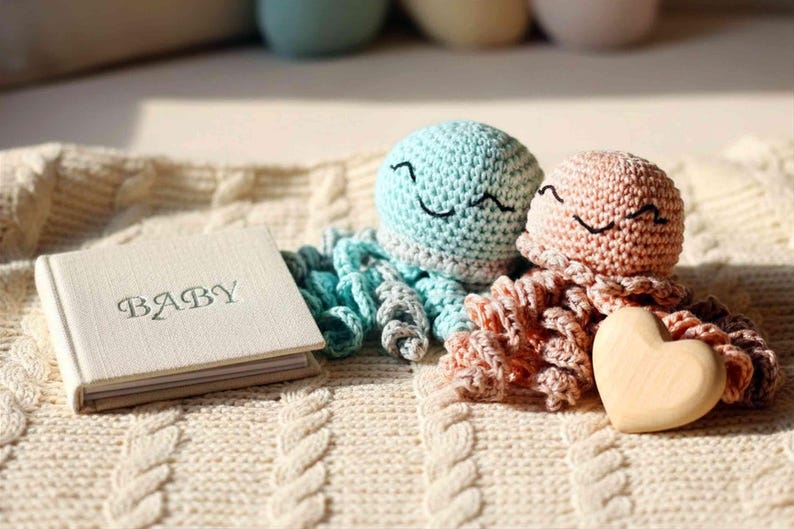 Crocheted cotton octopus, cute baby gift, unique baby gifts, cuddly toy with rattle, gift from godmother crocheted angel image 6