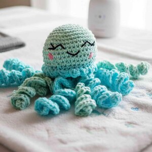 Crocheted cotton octopus, cute baby gift, unique baby gifts, cuddly toy with rattle, gift from godmother crocheted angel image 9