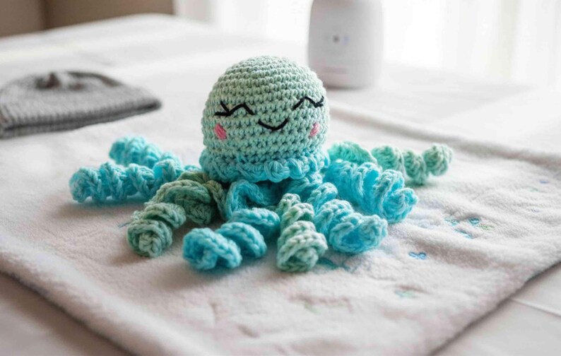 Crocheted cotton octopus, cute baby gift, unique baby gifts, cuddly toy with rattle, gift from godmother crocheted angel image 9