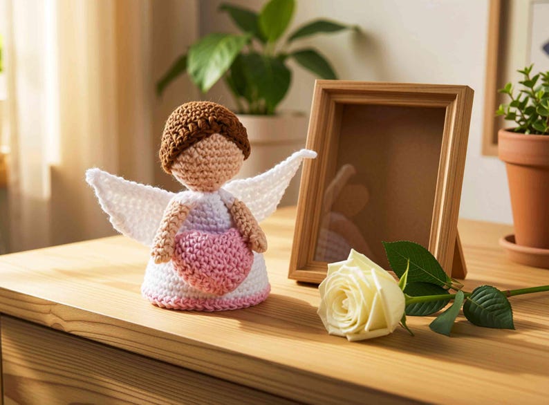 gehäkelte Engelfiguren, die ein rosa Herz  in Händen hält, weißes Kleid mit gehäkelten Flügeln.