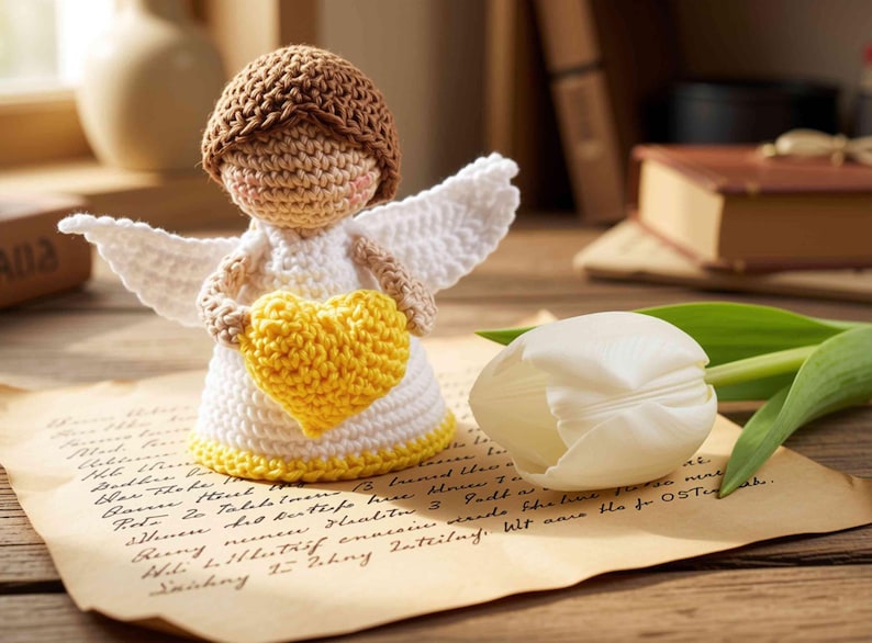 May include: A crocheted angel figurine with brown hair, white wings, and a white dress with a yellow hem, holding a yellow crocheted heart. The angel is positioned on a piece of aged paper with cursive script next to a single white tulip flower.
