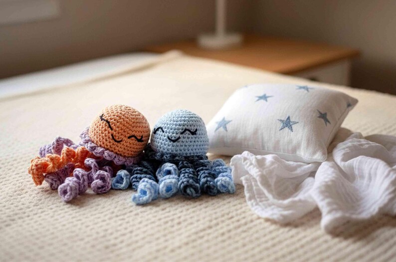 Crocheted cotton octopus, cute baby gift, unique baby gifts, cuddly toy with rattle, gift from godmother crocheted angel image 7