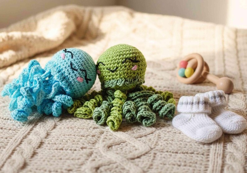 Crocheted cotton octopus, cute baby gift, unique baby gifts, cuddly toy with rattle, gift from godmother crocheted angel image 3