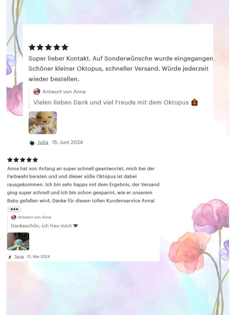 May include: A customer review for a crocheted octopus toy. The review is positive and mentions the seller's quick response time, helpful advice, and fast shipping. The review includes a photo of the crocheted octopus toy, which is light blue with white accents.