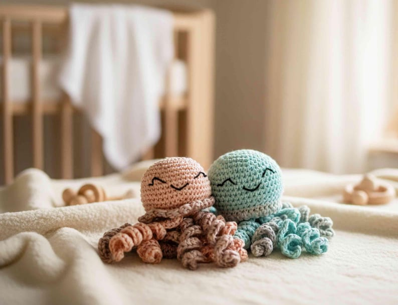 Crocheted cotton octopus, cute baby gift, unique baby gifts, cuddly toy with rattle, gift from godmother crocheted angel image 12