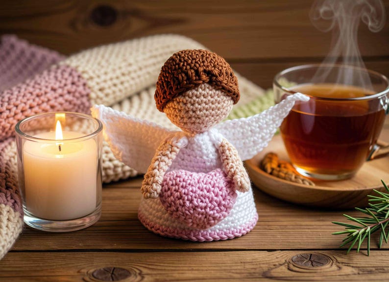 May include: A handcrafted crochet angel doll featuring a brown yarn head, white wings, and a light pink heart held in its arms. The doll has a white dress base with a subtle pink trim at the bottom, constructed from textured yarn stitches.
