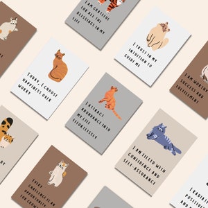 45 schattige kattenthema bevestigingskaarten, mindfulness inspiratie motiverende zelfzorg manifesterende bewerkbare dek afdrukbare bevestigingskaart