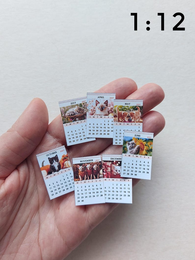 MINIATURE CAT CALENDAR 2026-2027, printable dollhouse wall decor, 2026-2027 image 6