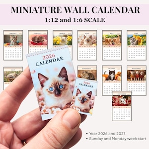 MINIATURE CAT CALENDAR 2026-2027, printable dollhouse wall decor, 2026-2027 image 1