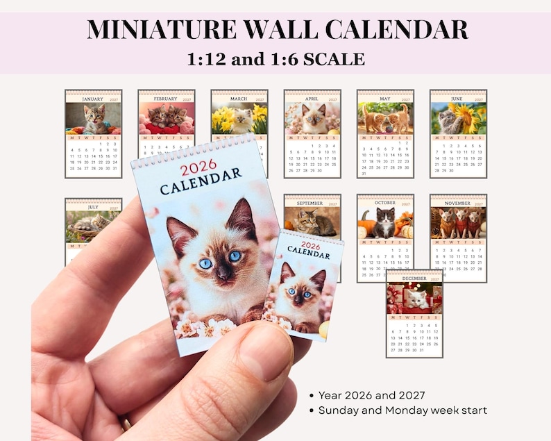 MINIATURE CAT CALENDAR 2026-2027, printable dollhouse wall decor, 2026-2027 image 1