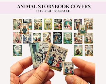 22 ANIMAL STORYBOOK Covers- Printable Dollhouse Miniatures, vintage style fairytales