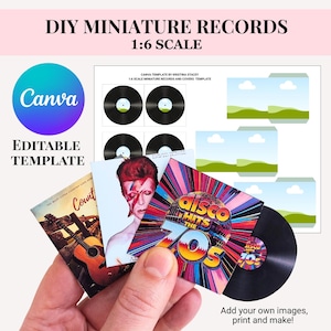 Puede incluir: Plantilla de discos en miniatura DIY con portadas de álbumes y discos de vinilo. La imagen incluye el logotipo de Canva, el texto "Plantilla editable" y el texto "¡Añade tus propias imágenes, imprime y crea!"