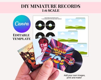 DISCOS DE VINILO y CARÁTULAS a escala 1/6, plantilla editable de Canva, tamaño Barbie