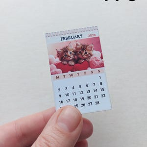 May include: A miniature 1:6 scale wall calendar for February 2026 featuring a photograph of two brown tabby kittens nestled among red heart-shaped cushions. The calendar displays the month, year, and a grid of dates from 1 through 28.