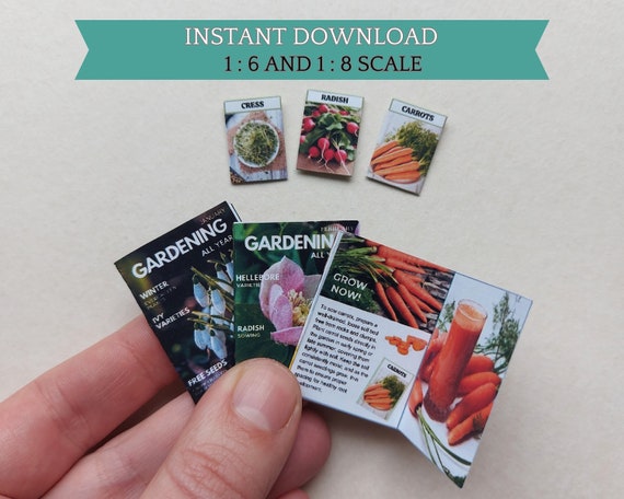 Miniature Gardening Magazines with pages and seed packets, 6th and 8th scale