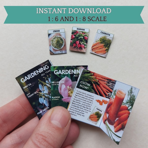 Miniature Gardening Magazines with pages and seed packets, 6th and 8th scale