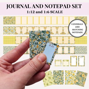 May include: A miniature journal and notepad set with floral and yellow patterns. The set includes four journals and matching notepads, with a small "To Do" notepad. The text "JOURNAL AND NOTEPAD SET" and "1:12 and 1:6 SCALE" are visible.