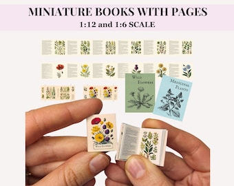 MINIATURE PLANT BOOKS with pages, 12th and 6th scale dollhouse printable Pdf, botanical theme