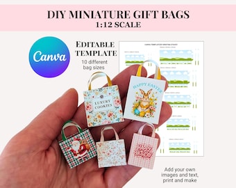 1:12 ANPASSBARE MINIATUR-TASCHEN, Puppenhaus-Papiergeschenktüten, bearbeitbare Canva-Vorlage