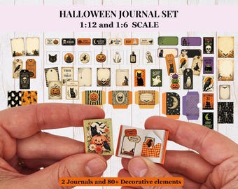 May include: A Halloween journal set in 1:12 and 1:6 scale featuring two miniature journals and over 80 decorative elements. The collection includes various paper tags, labels, and cards with illustrations of pumpkins, cats, ghosts, and skulls.